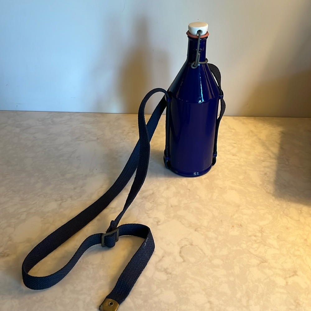 Vintage  WWll Dutch Canteen cobalt Blue enamel w/ canvas strap & brass fittings